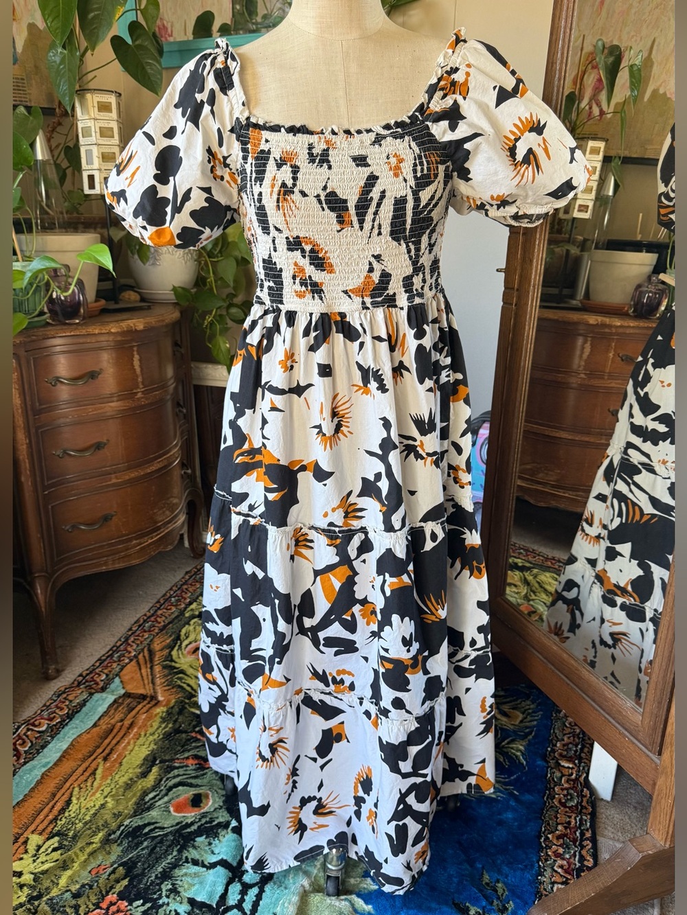 Meadow Rhodes Boho Maxi Dress 100% Cotton Puff Sleeve Smocked ruffles, Size 1X
